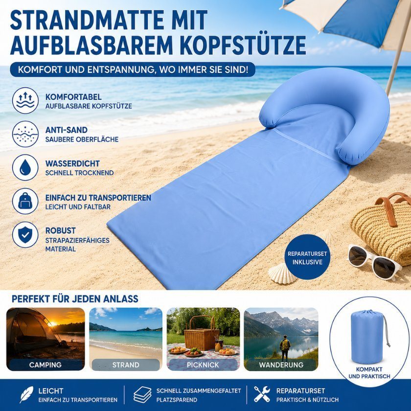 Strandmatte mit integriertem aufblasbarem Kissen