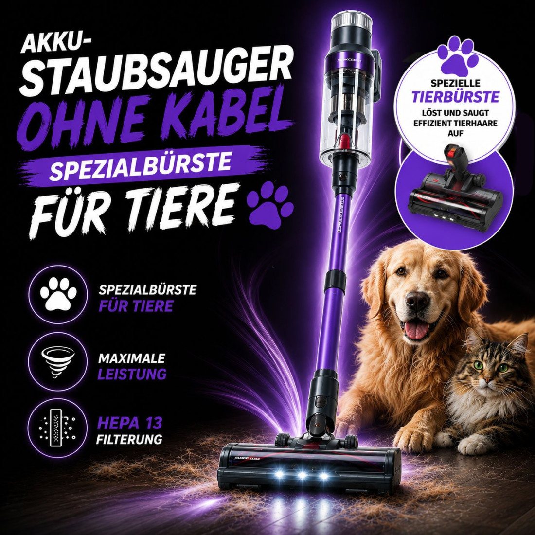 Akku-Staubsauger mit spezieller Tierhaarbürste
