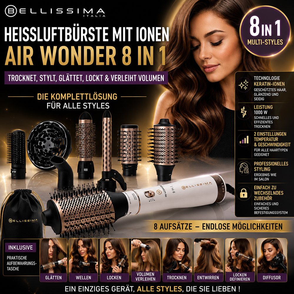 Bellissima 8-in-1-Heißluftbürste mit Keratin-Ionen
