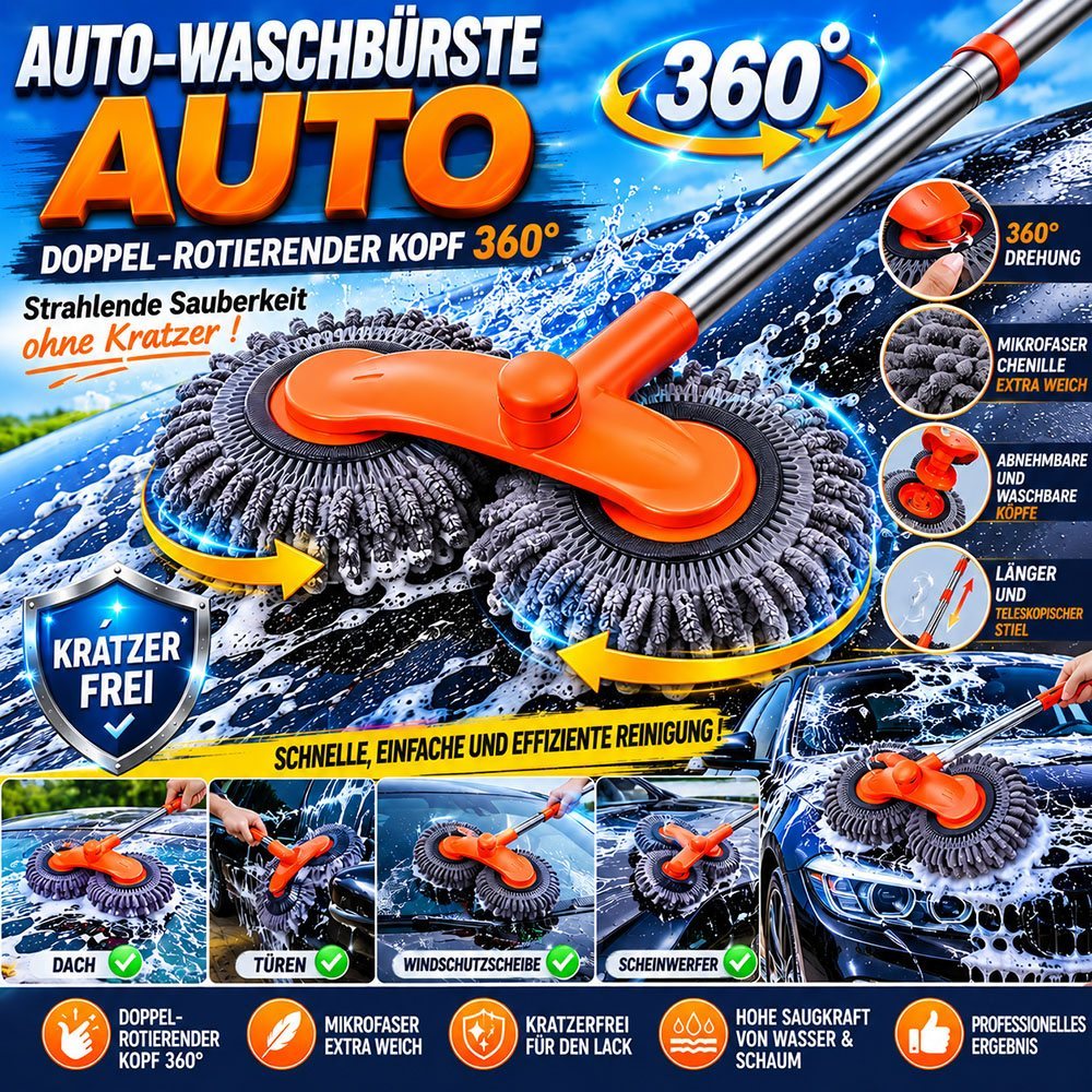Autowaschbürste mit Doppelkopf und 360° Rotation aus Mikrofaser