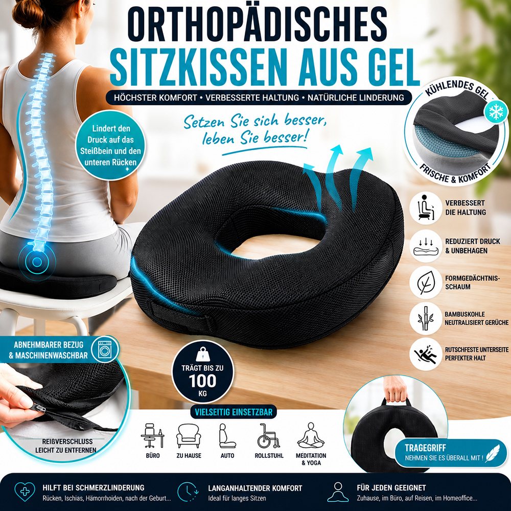 Orthopädisches Gel-Sitzkissen mit abnehmbarem Bezug