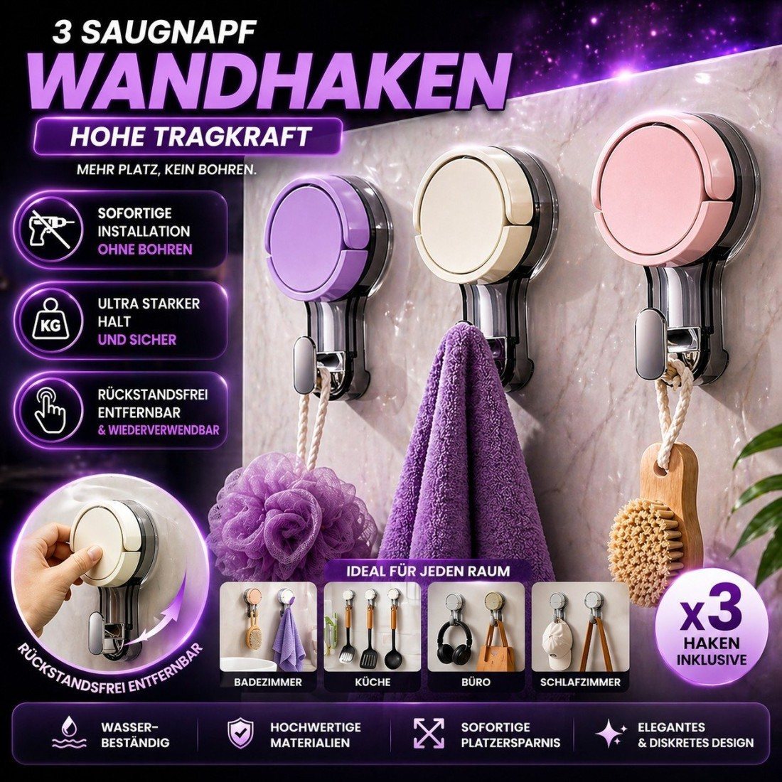 Hochfeste Wandhaken mit Saugnapf – 3er-Set