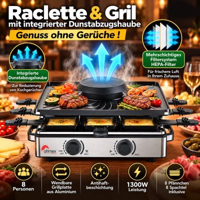 Raclette & Grillgerät für 8 Personen mit integrierter Dunstabzugshaube gegen Gerüche