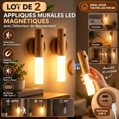 Lot de 2 Appliques Murales LED Magnétiques avec Détecteur de Mouvement – Effet Bois