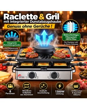 Raclette & Grillgerät für 8 Personen mit integrierter Dunstabzugshaube gegen Gerüche