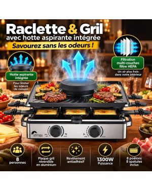 Appareil à Raclette & Gril 8 Personnes avec Hotte Aspirante Anti-Odeurs Intégrée