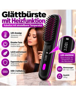 Kabellose beheizte Glättbürste mit einstellbarer Temperatur