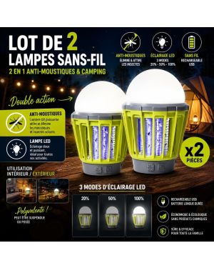 Lot de 2 Lampes Sans-Fil 2 en 1 Anti-moustiques et Camping