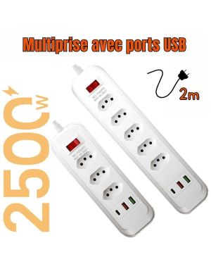 Multiprise avec ports USB et câble de 2 m