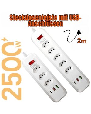 Steckdosenleiste mit USB-Anschlüssen und 2 m langem Kabel