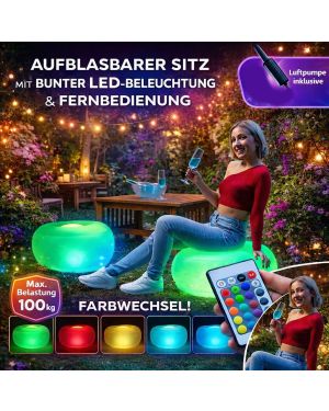 Aufblasbarer Hocker mit mehrfarbiger LED-Beleuchtung und Fernbedienung