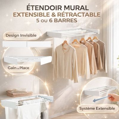 Étendoir mural extensible rétractable 5 ou 6 Barres
