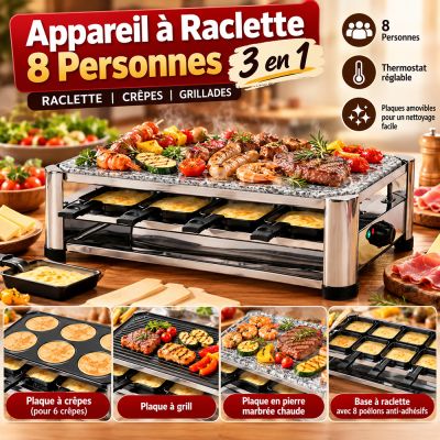 Appareil à Raclette 8 Personnes 3 en 1