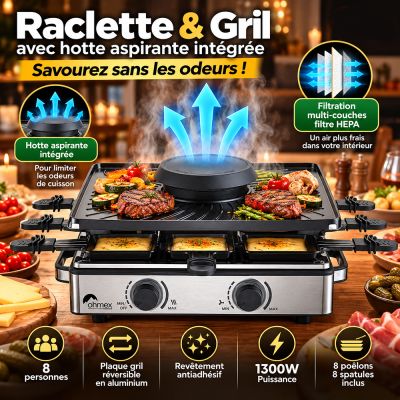 Appareil à Raclette & Gril 8 Personnes avec Hotte Aspirante Anti-Odeurs Intégrée