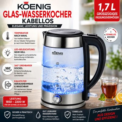 Kabelloser Koenig Glas-Wasserkocher 1,7 L