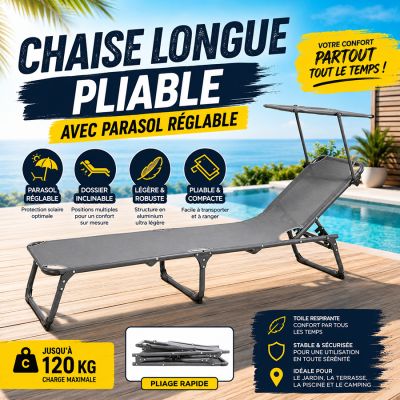 Chaise Longue Pliable avec Parasol Réglable
