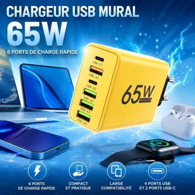 Chargeur USB Mural 65W - 6 Ports Charge Rapide