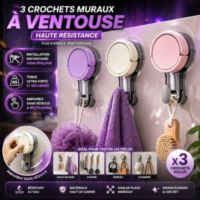 Crochets Muraux à Ventouse Haute Résistance – Lot de 3