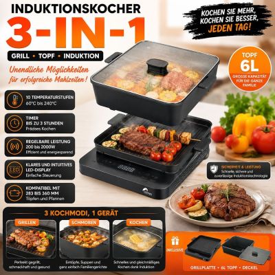 3-in-1-Gerät mit Grillplatte und 6-Liter-Topf