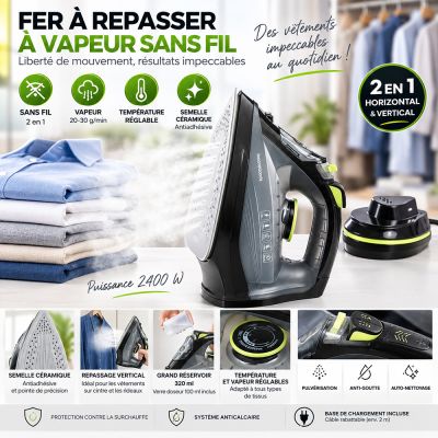 Fer à Repasser à Vapeur Sans Fil 2 en 1