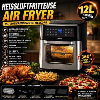 Heißluftfritteuse 12L mit rotierendem Frittierkorb
