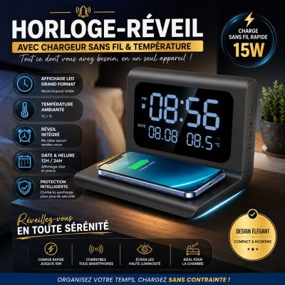 Horloge-Réveil avec Chargeur sans Fil et Température