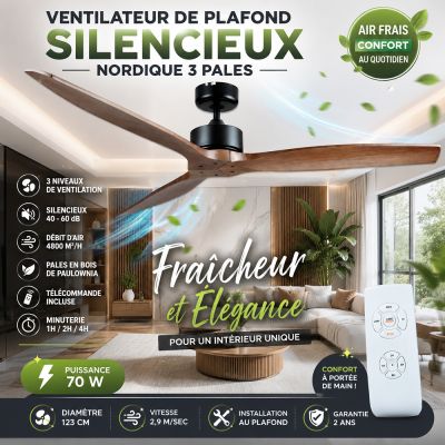 Ventilateur de Plafond Silencieux Nordique 3 Pales