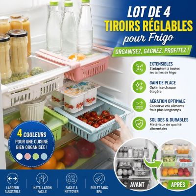 Lot de 4 Tiroirs Réglables pour Frigo