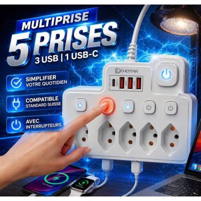 Multiprise avec interrupteurs 5 prises + 4 ports USB (dont USB-C)