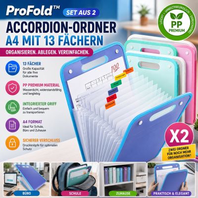 ProFold™ – Set mit 2 A4-Akkordeonordnern mit 13 Taschen