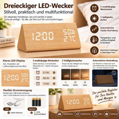 Eleganter Wecker mit Temperatur- und Feuchtigkeitsanzeige, USB-Anschluss