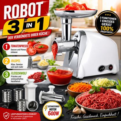 3-in-1-Roboter: Tomatenpresse, Reibe und Fleischwolf