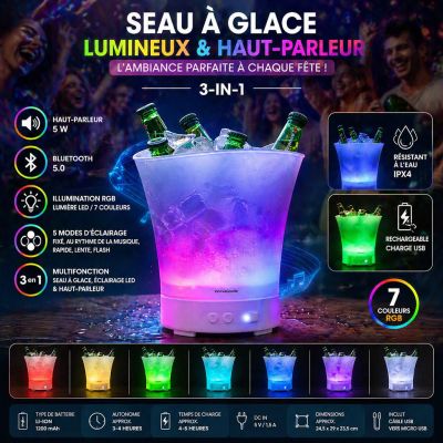 Seau à glace lumineux multicolore avec haut-parleur