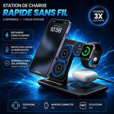 Station de Charge Rapide Sans Fil 3-en-1 Pliable