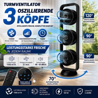 Tower-Ventilator mit 3 schwenkbaren Lüfterköpfen