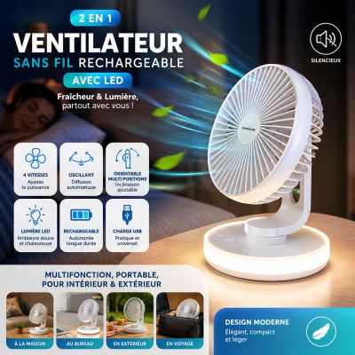 Ventilateur sans Fil Rechargeable avec LED 2 en 1