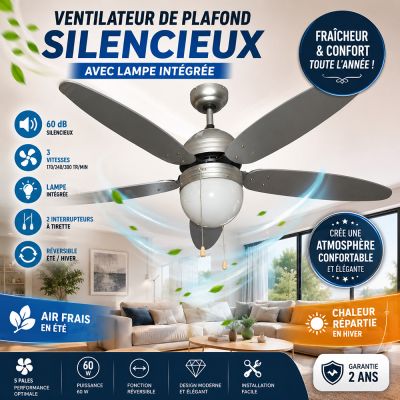 Ventilateur de Plafond Silencieux avec Lampe intégrée