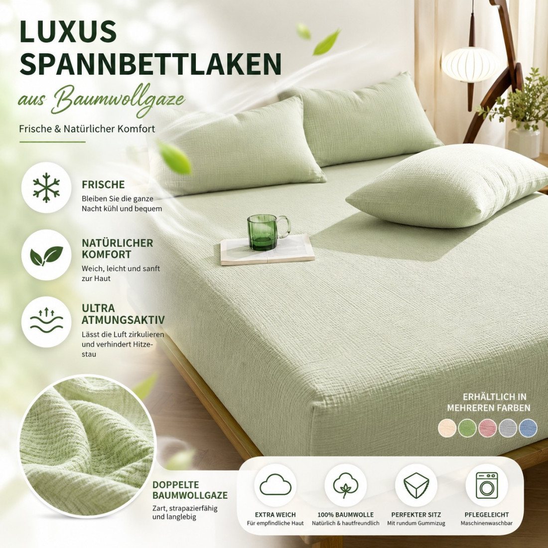 Luxuriöses Spannbetttuch aus Baumwollgaze – Frische & natürlicher Komfort