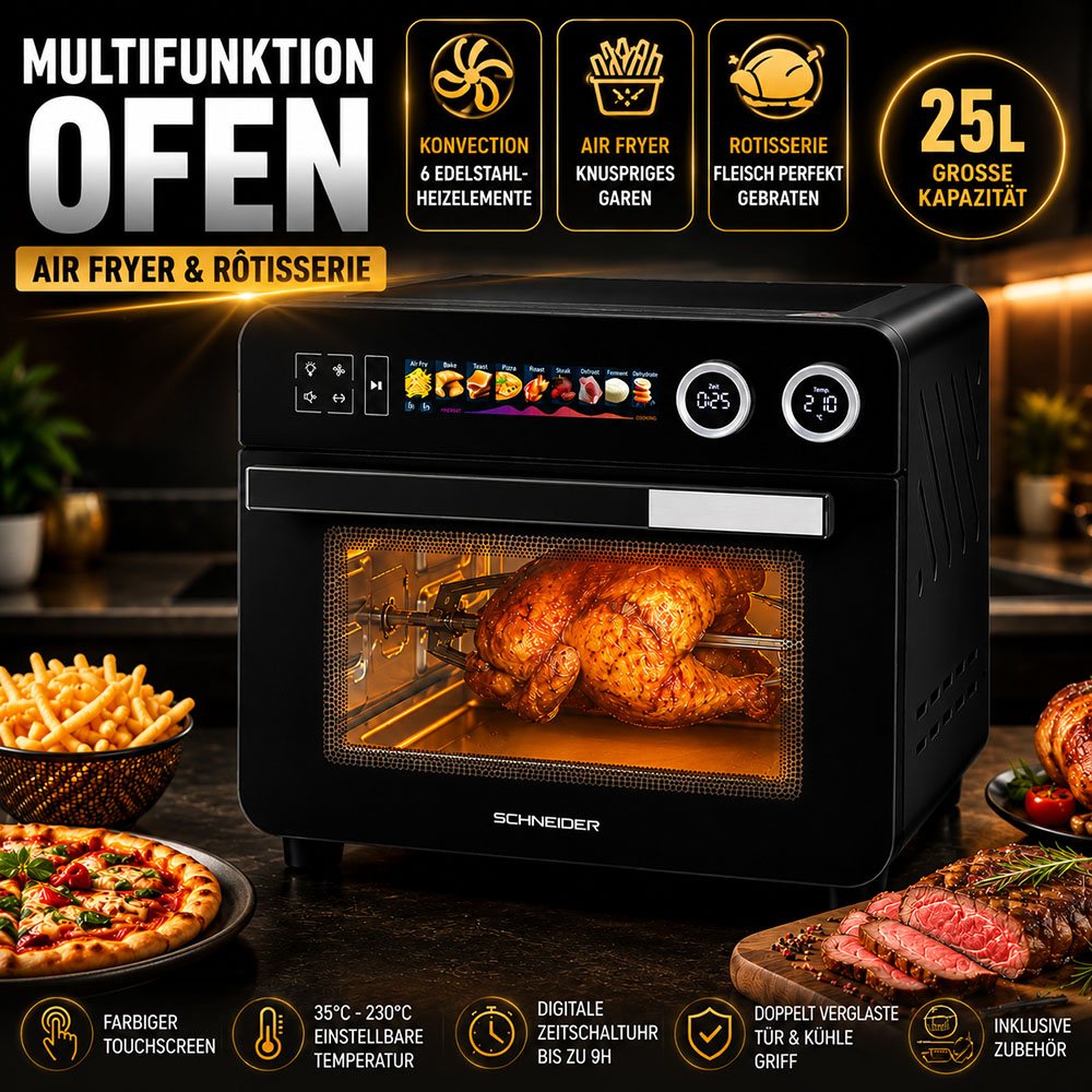 Multifunktioneller Heißluftofen 25 L mit Air Fryer und Drehspieß
