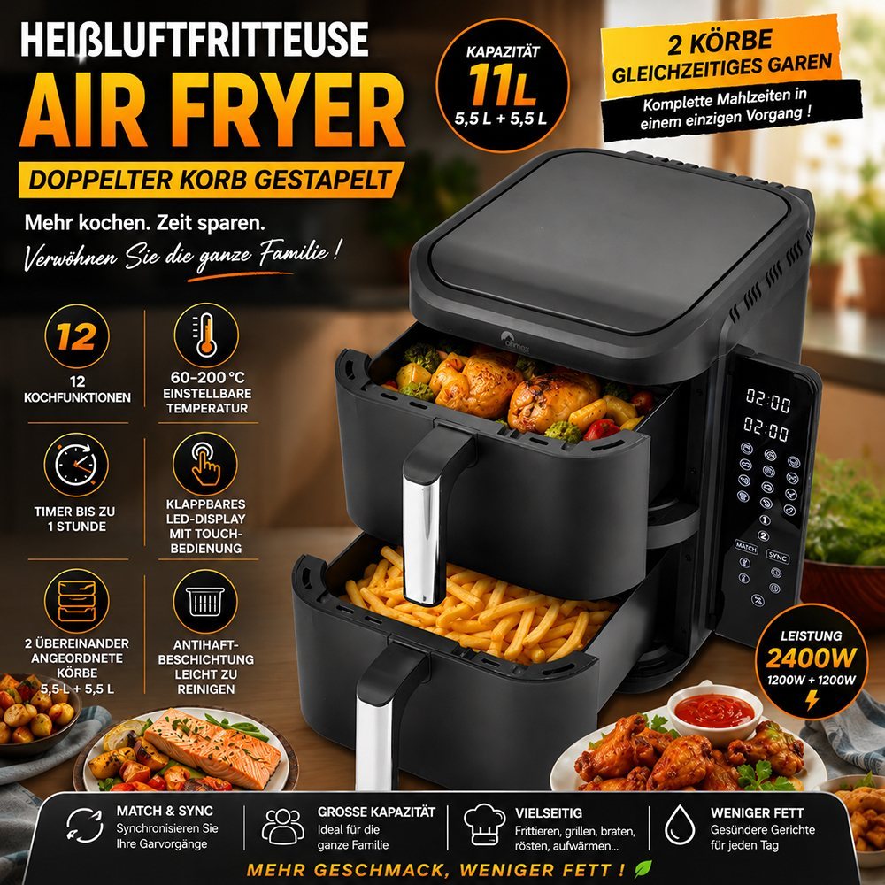 Heißluftfritteuse mit 11L Fassungsvermögen und zwei stapelbaren Körben