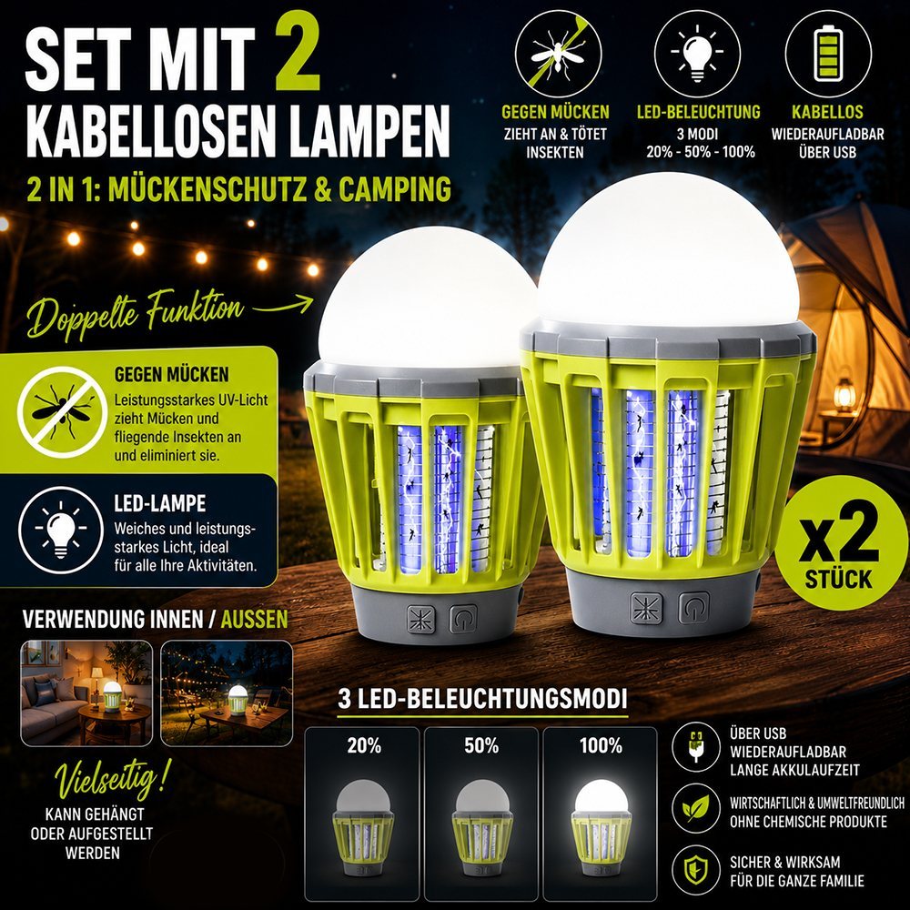 2er-Pack Drahtlose 2-in-1-Lampen Anti-Mücken und Camping