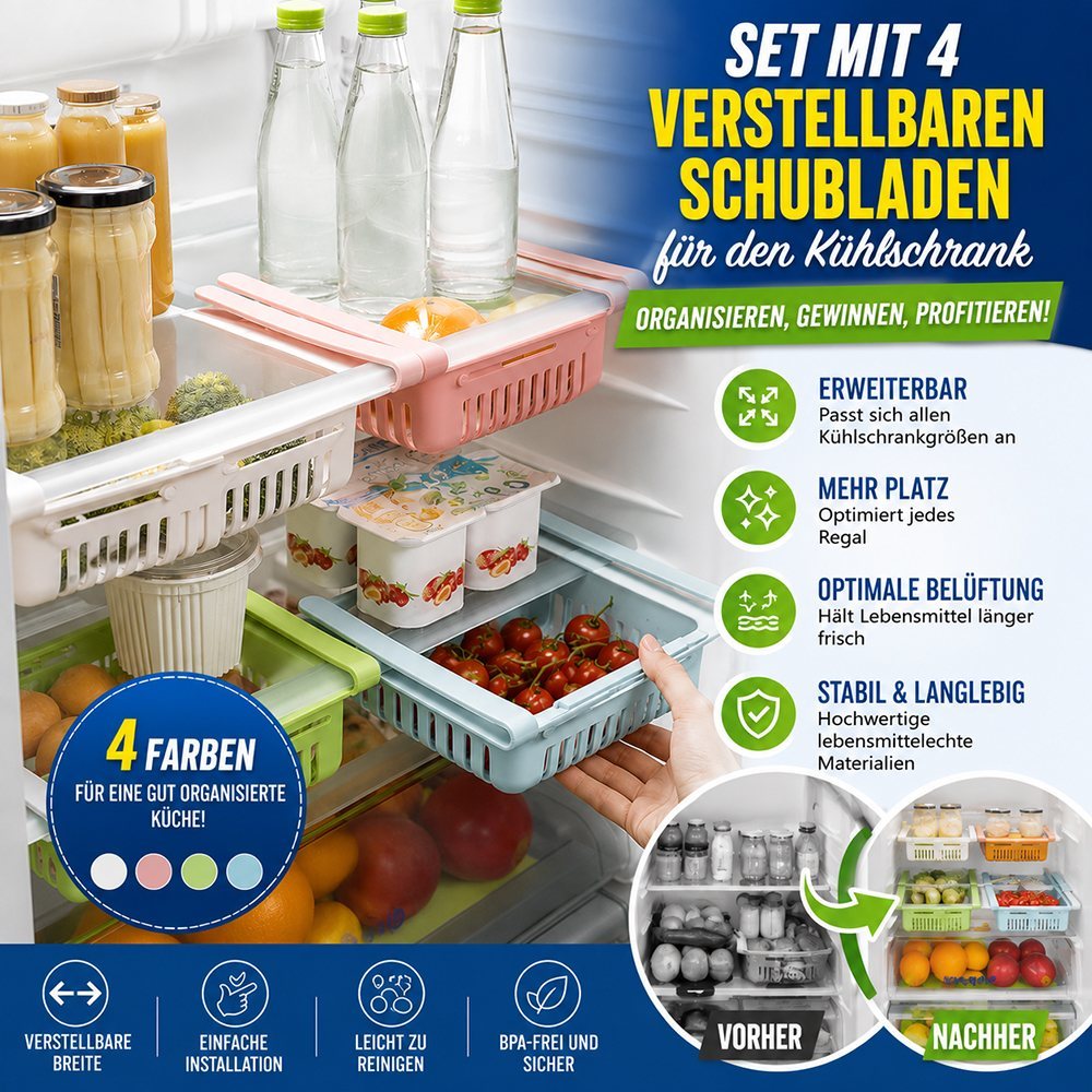 4er-Set verstellbare Schubladen für Kühlschränke