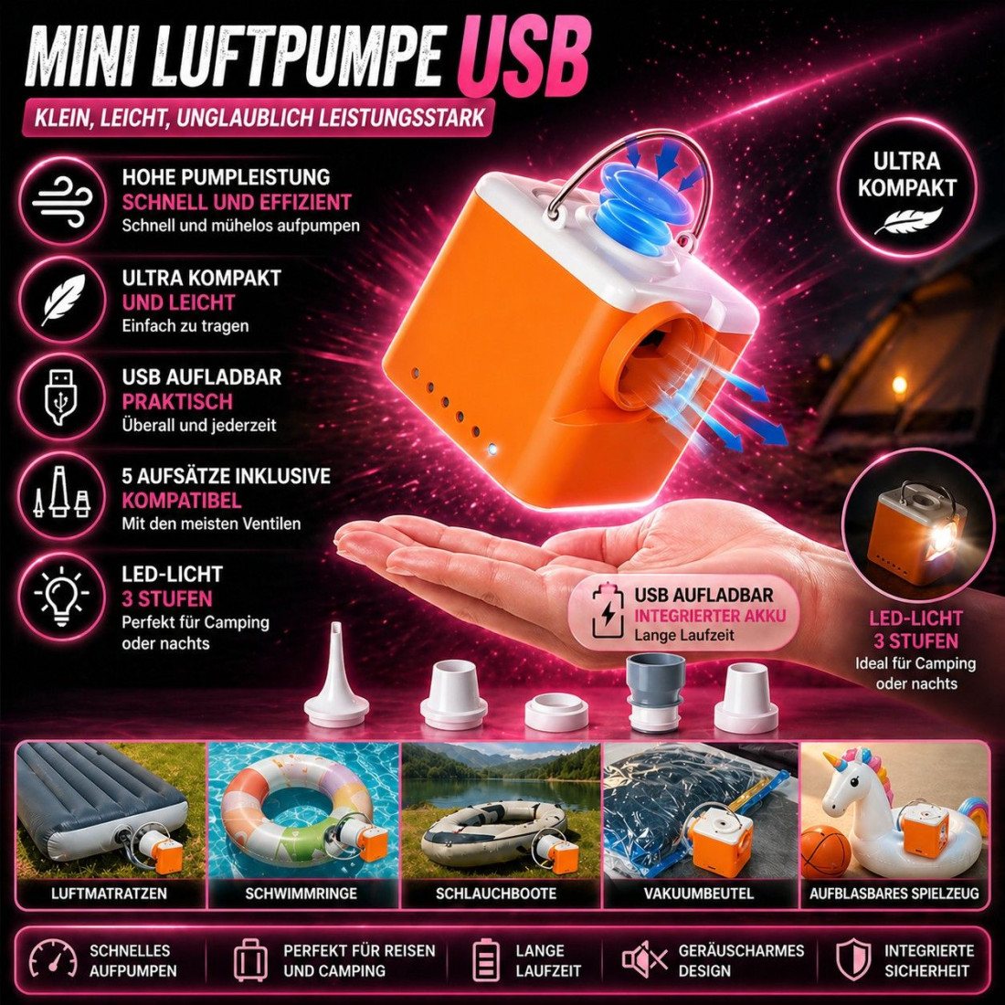 Mini-USB-Luftpumpe für Luftmatratzen mit integrierter Lampe