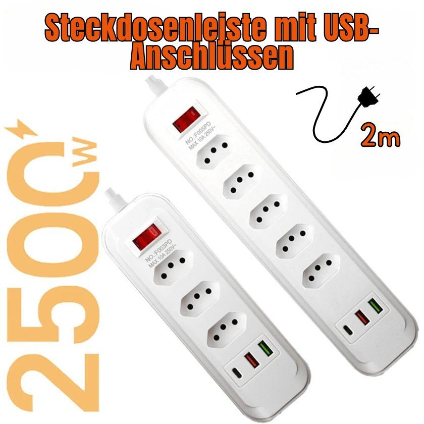Steckdosenleiste mit USB-Anschlüssen und 2 m langem Kabel