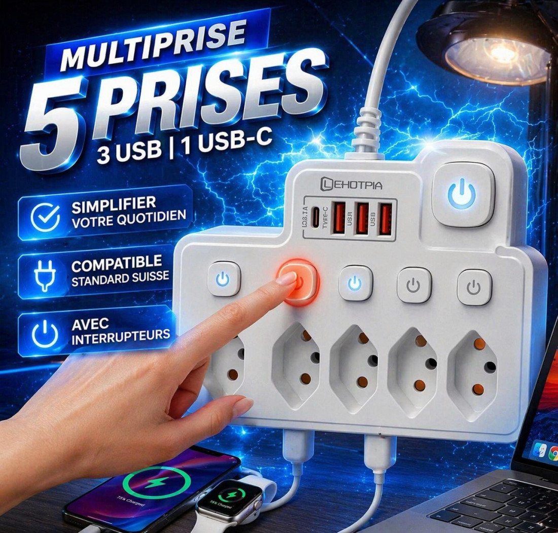 Steckdosenleiste mit Schaltern, 5 Steckdosen + 4 USB-Anschlüsse (darunter USB-C)