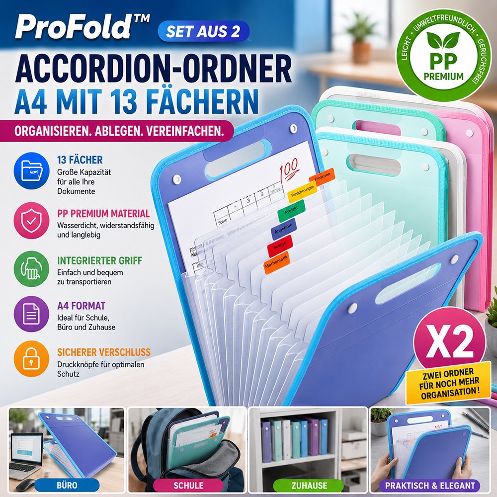 ProFold™ – Set mit 2 A4-Akkordeonordnern mit 13 Taschen