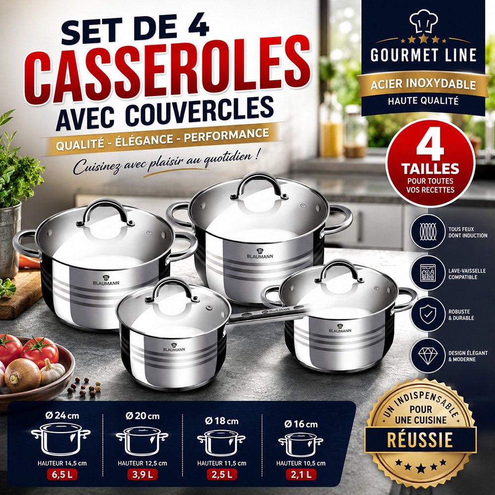 4-teiliges Kochtopf-Set mit Glasdeckeln