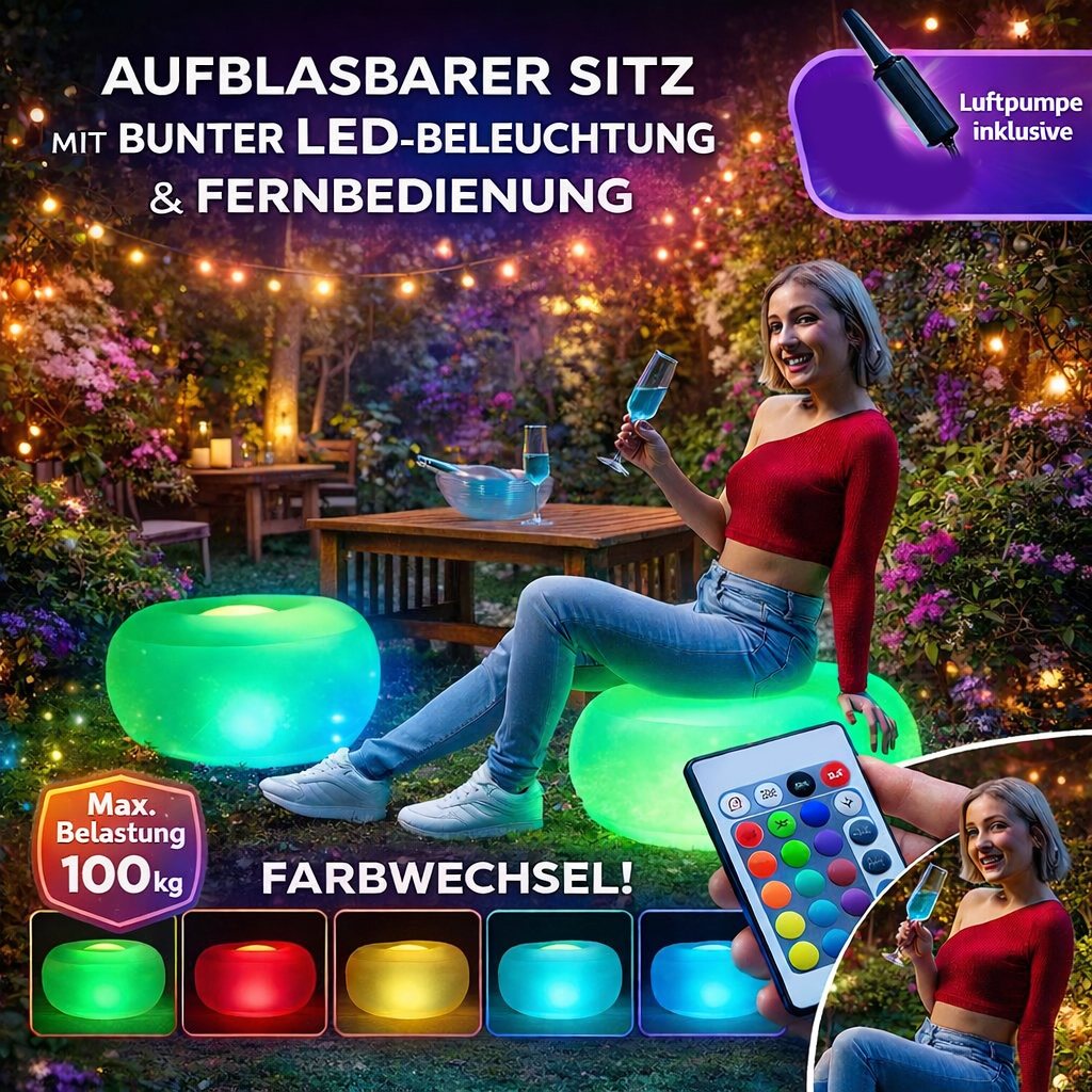 Aufblasbarer Hocker mit mehrfarbiger LED-Beleuchtung und Fernbedienung