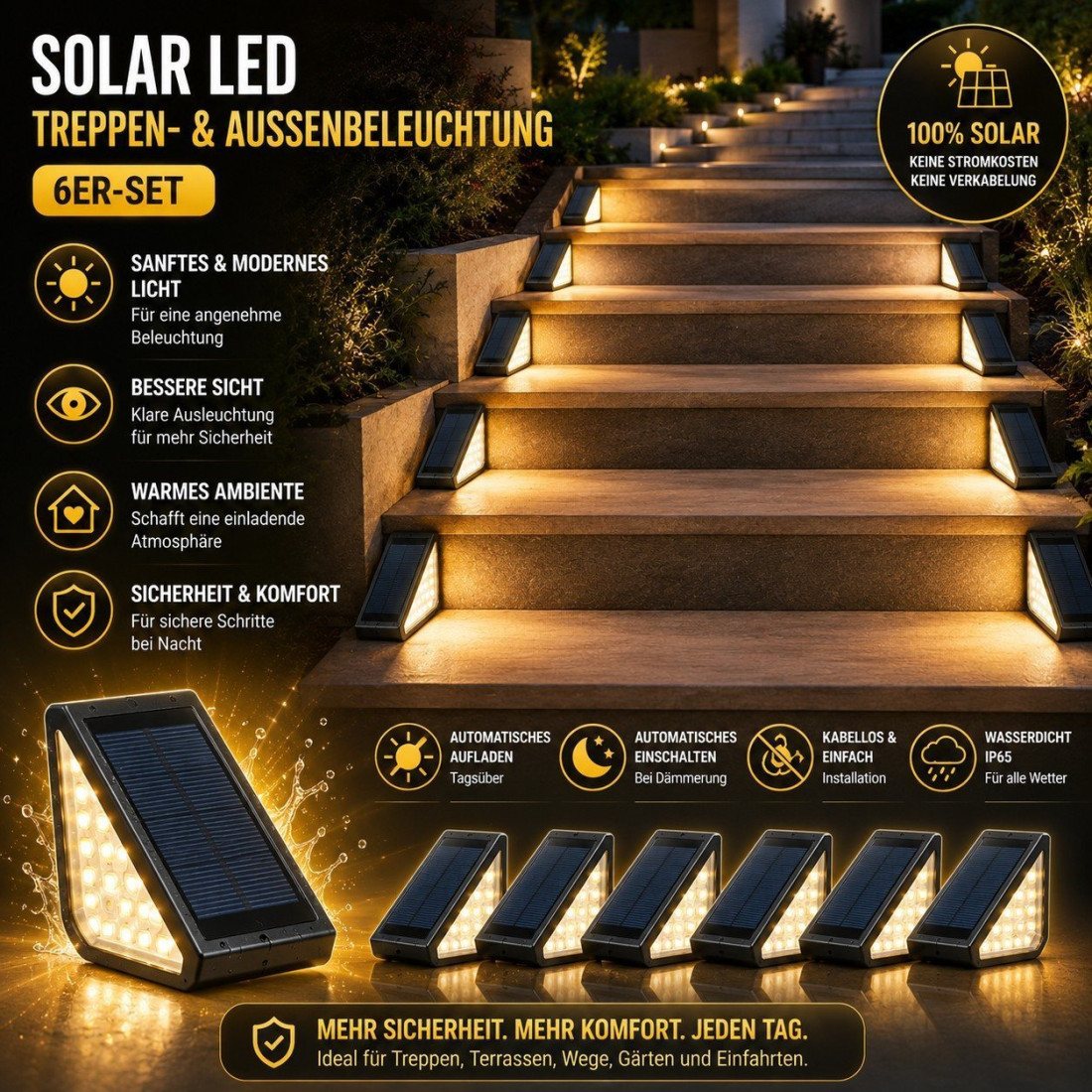Solar-LED-Beleuchtung für Treppen und den Außenbereich – 6er-Set