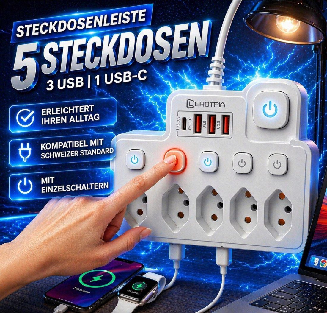 Steckdosenleiste mit Schaltern, 5 Steckdosen + 4 USB-Anschlüsse (darunter USB-C)